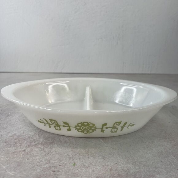 Vintage GlassBake Green Daisy Divided Casserole Dish Milk Glass 12” - Picture 1 of 13